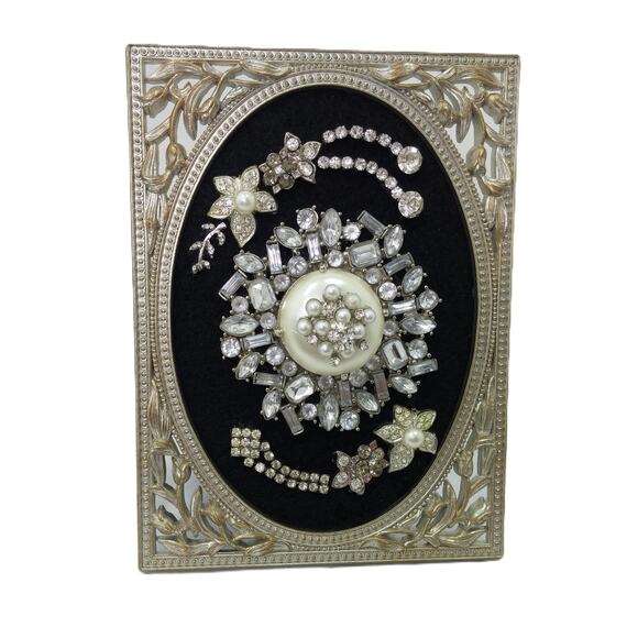 PRICE DROP! Hand Crafted Framed Floral Art - Vintage Mid-Century Rhinestone - Picture 3 of 14
